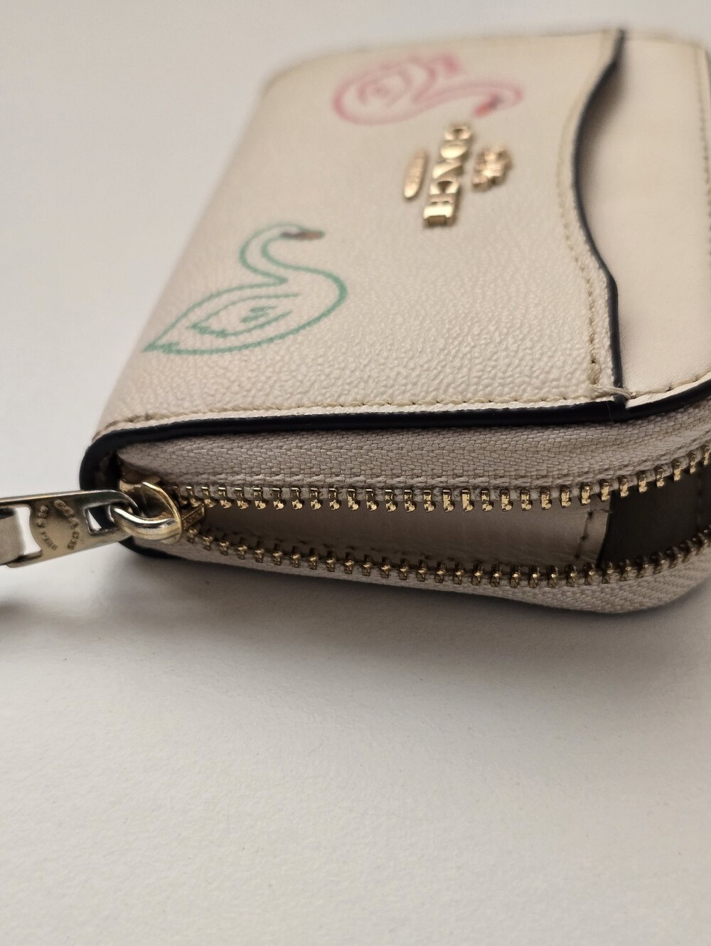 Coach L Zip Card Case Swan Print C8377 Chalk White Key Ring Wallet - Picture 14 of 15